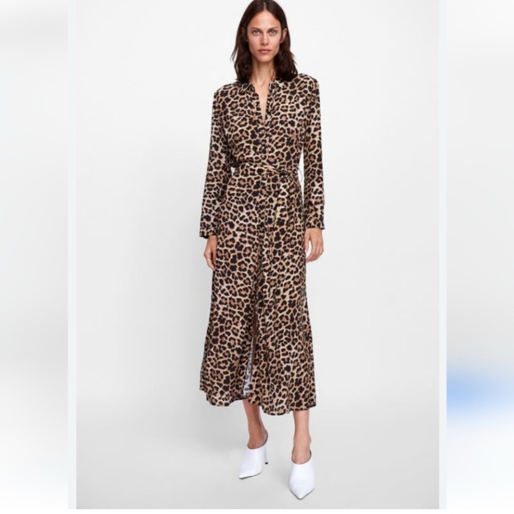 Zara Leopard Print Long Sleeve Shirt Dress XXL